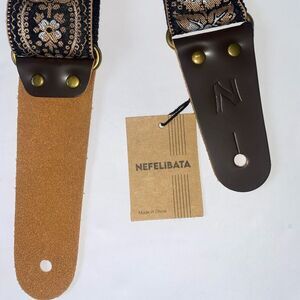 Nefelibata Floral Embroidered Guitar Strap – Adjustable, Black & Gold